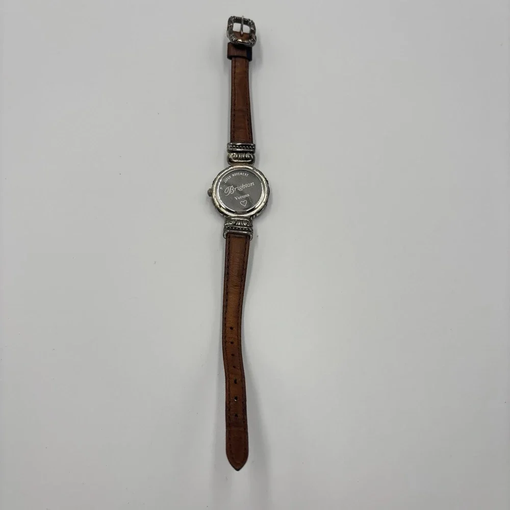Brighton Verona Silver Tone Swirl Case Leather Strap‎ Watch Japan Movement